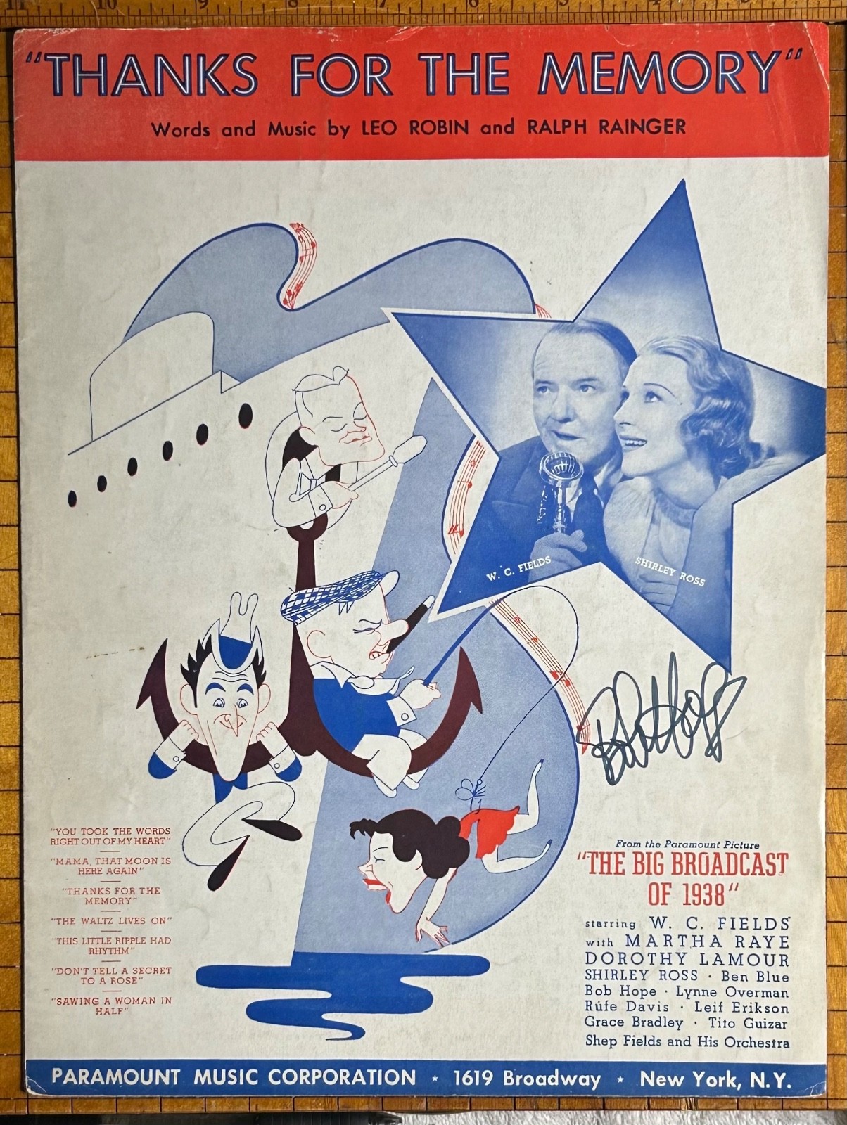 BOB HOPE—SIGNED Thanks for Memory Sheet Music—Won Oscar—Made Him Star—WC FIELDS