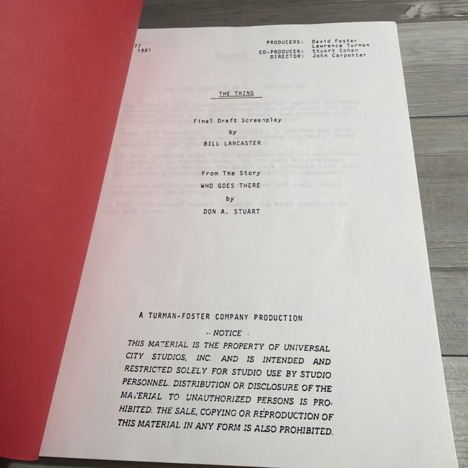 The Thing Final Draft Screenplay From 1982 Universal Studios Horror Bill Russell