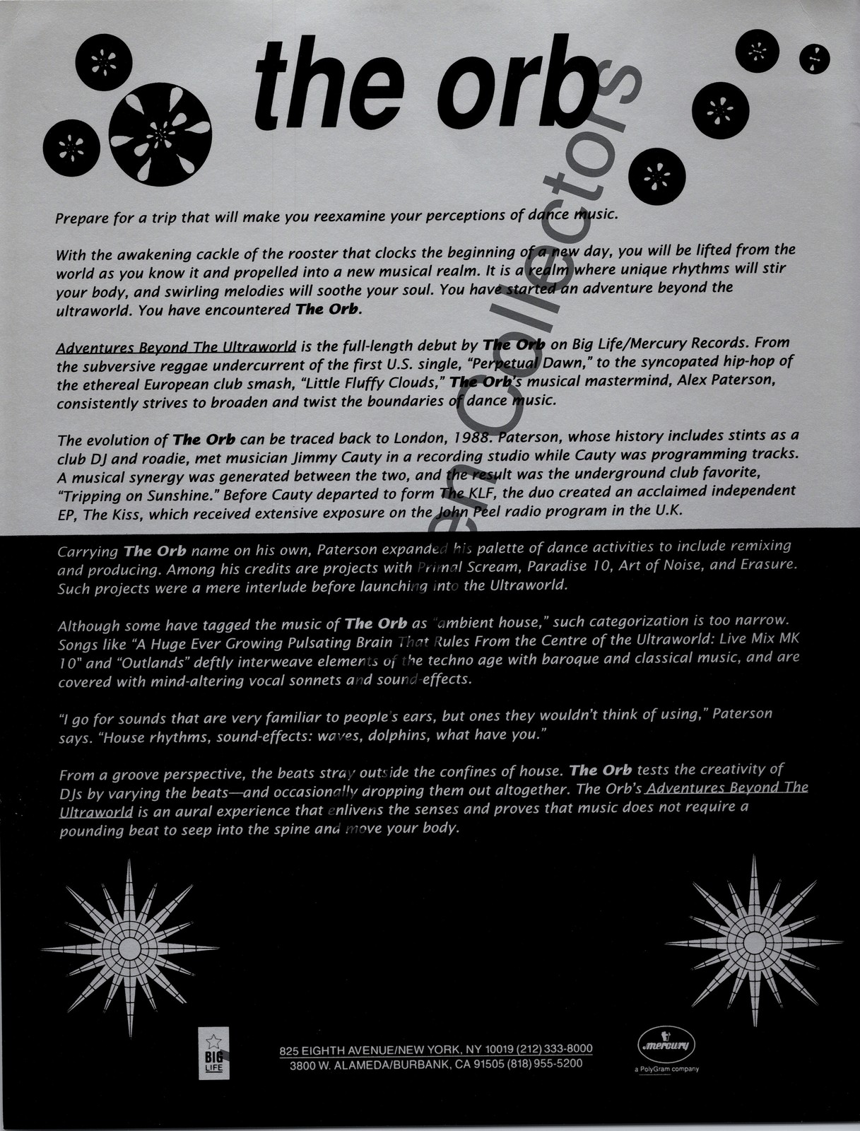 The Orb Original Big Life/Mercury Records Press Kit Album Information Sheet