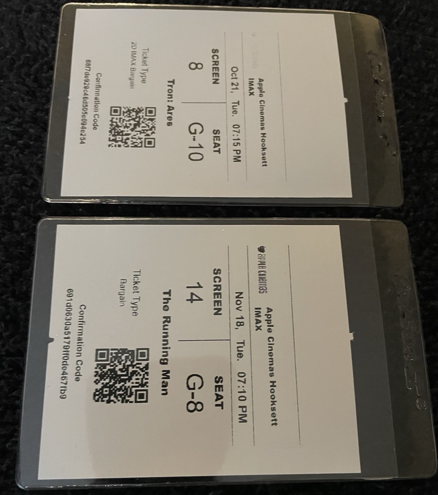 TRON: ARES. 10/14 (2025) & THE RUNNING MAN. 11/18 (2025). 2 Used Movie Tickets.