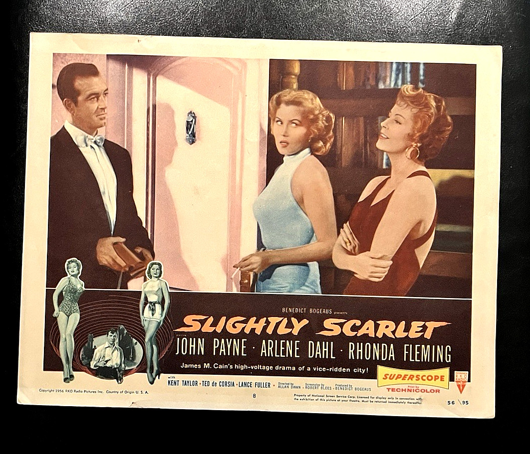 (2) SLIGHTLY SCARLET 1956 ORIGINAL NOIR LOBBY CARDS 1,8 -JOHN PAYNE, ARLENE DAHL