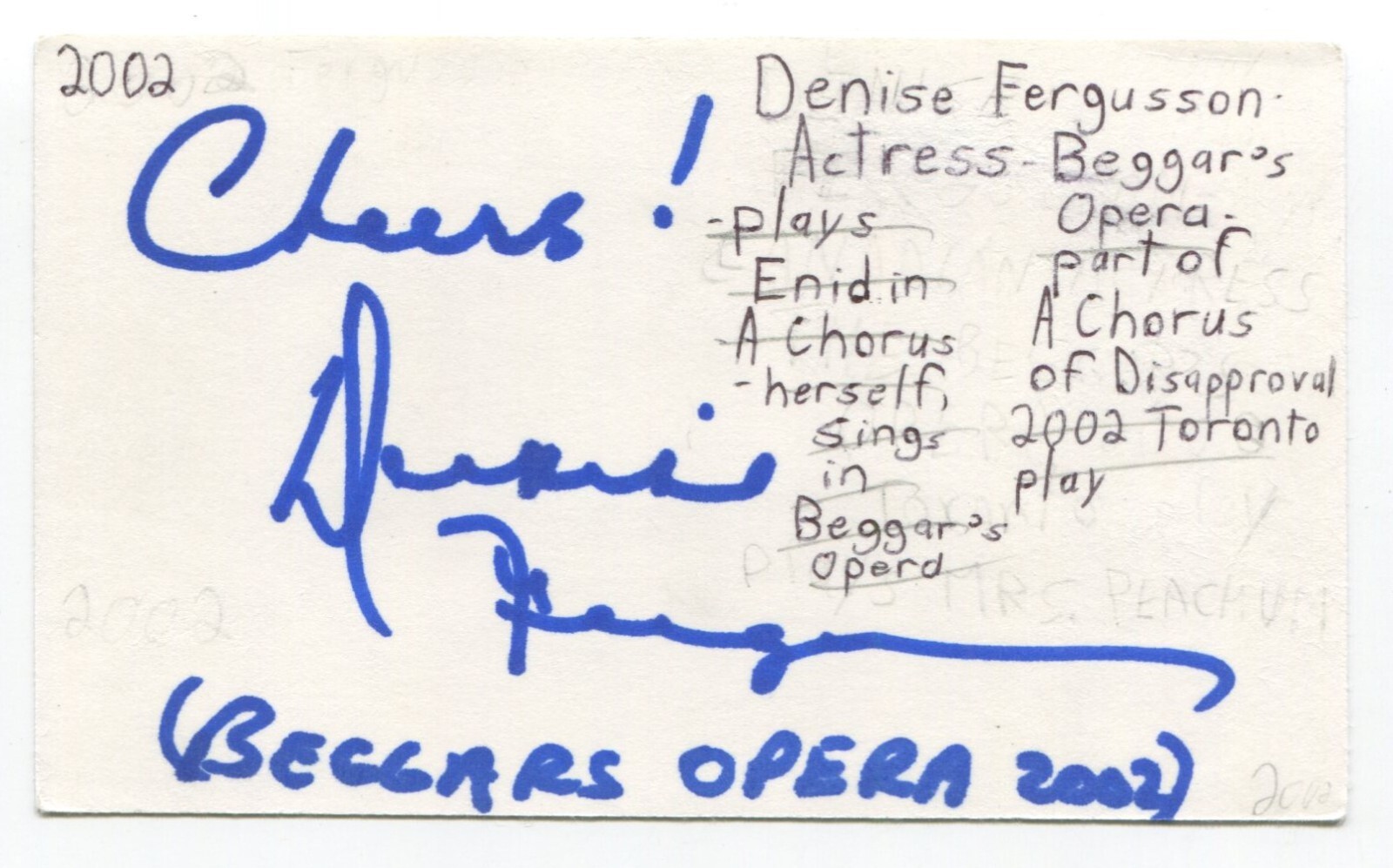 Denise Fergusson Signed 3×5 Index Card Autograph Actress La Femme Nikita Avonlea