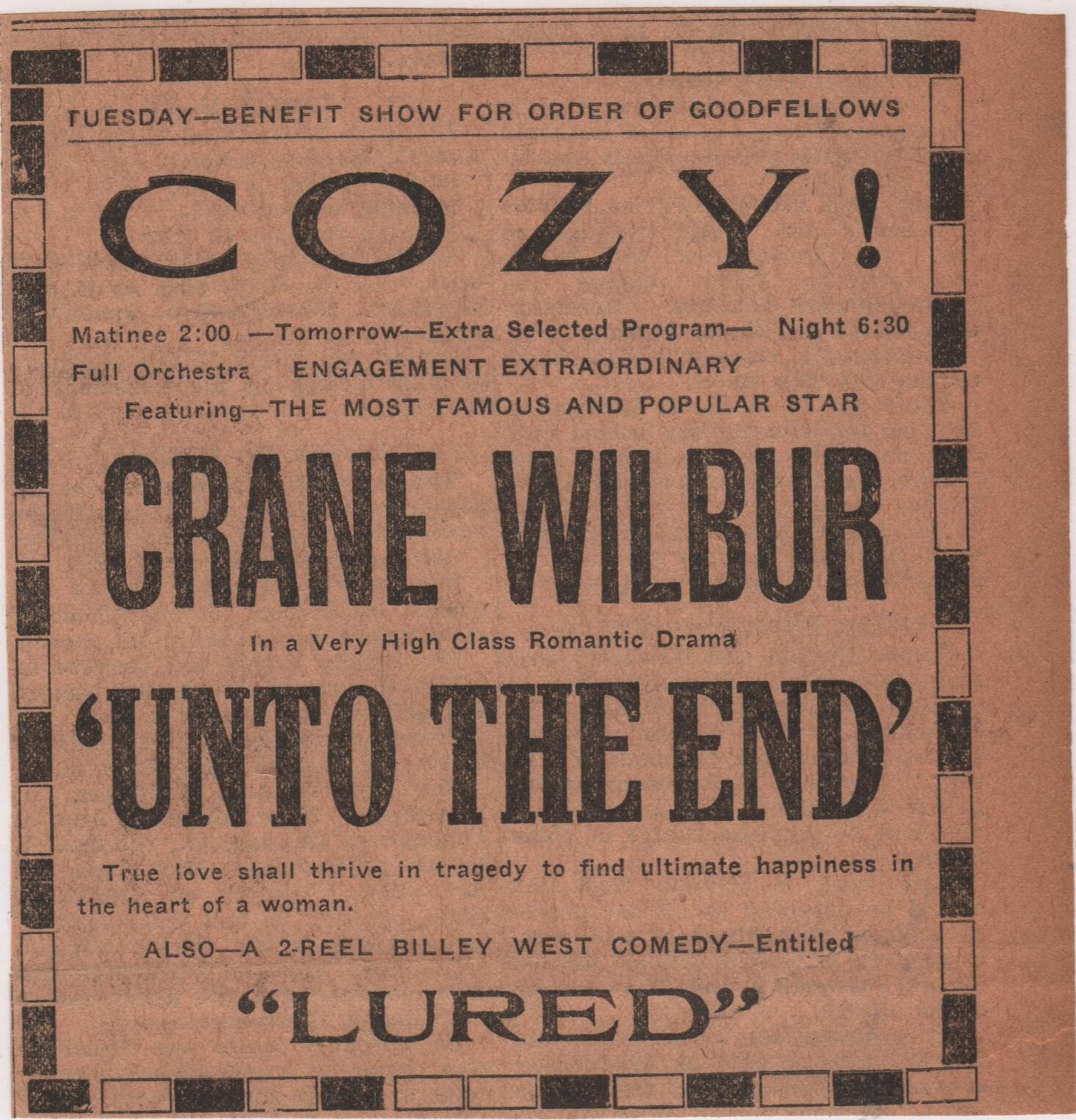 CRANE WILBUR UNTO THE END BILLEY WEST April 1919 Marinette Theater Movie ad