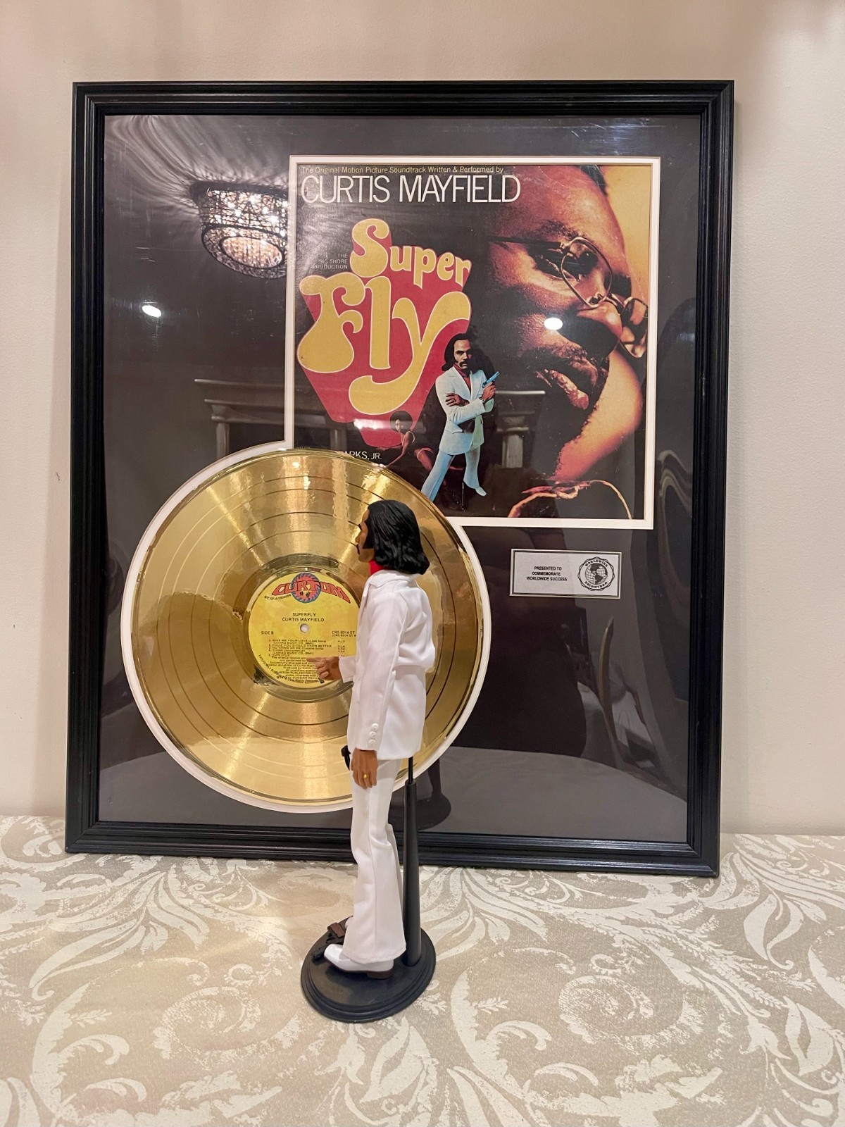 PRISTINE Superfly Gold LP Record Plaque Display(Curtis Mayfield) & Action Figure
