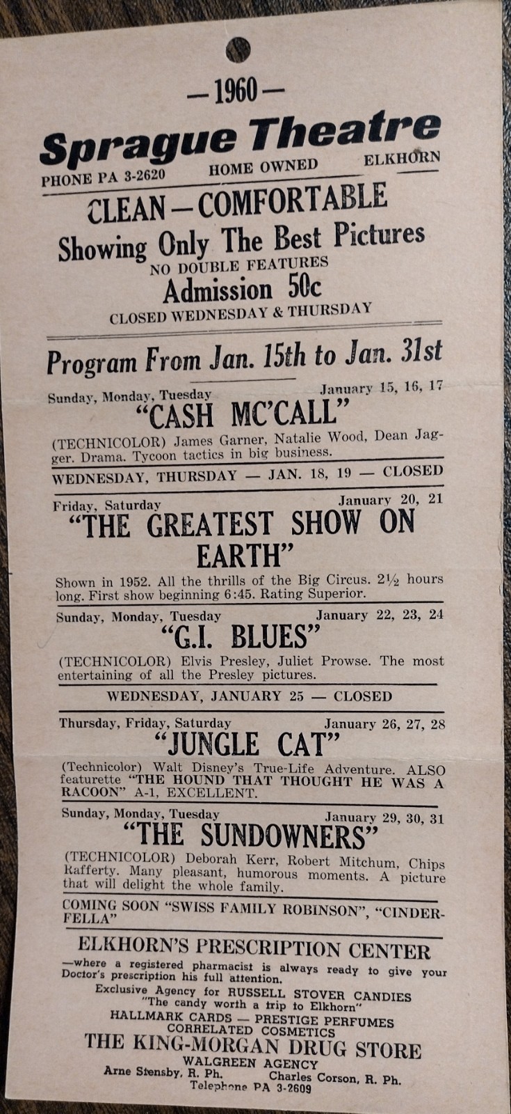 1960 Sprague Theatre Program Flyer Elkhorn WI G I BLUES Elvis Presley Rare VTG
