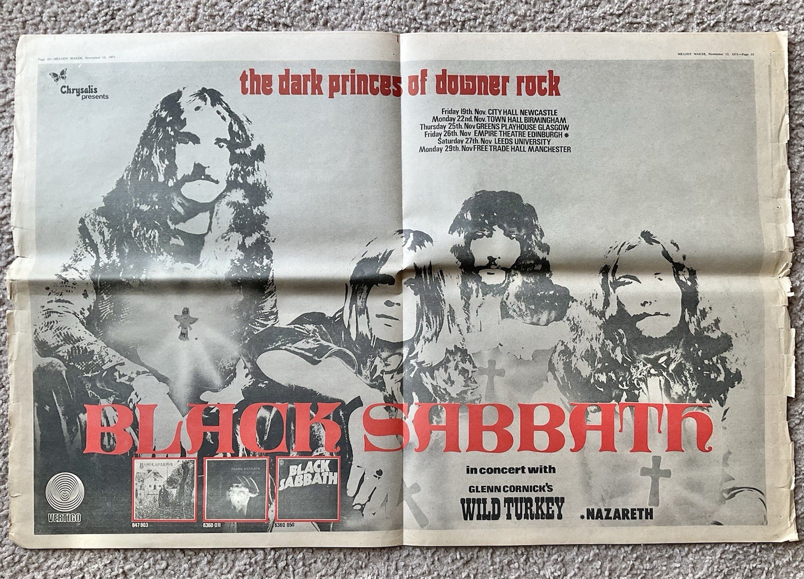 Black Sabbath 1971 in Concert w/ Wild Turkey / Nazareth Promo Ad 17×26