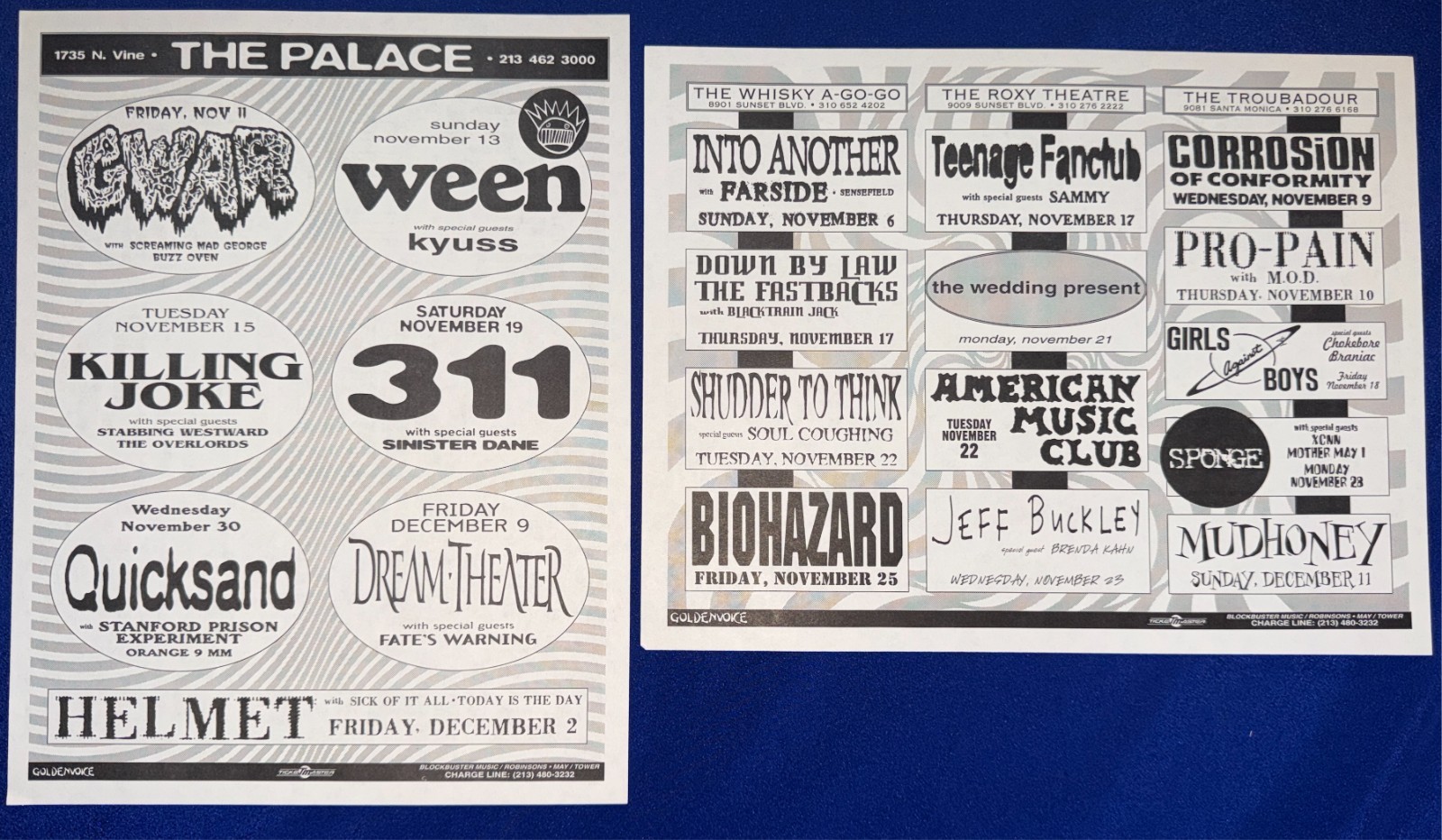 VTG Nov 1996 Hollywood/LA 2 SIDED CONCERT FLYER Jeff Buckley/Ween/311/Gwar/COC