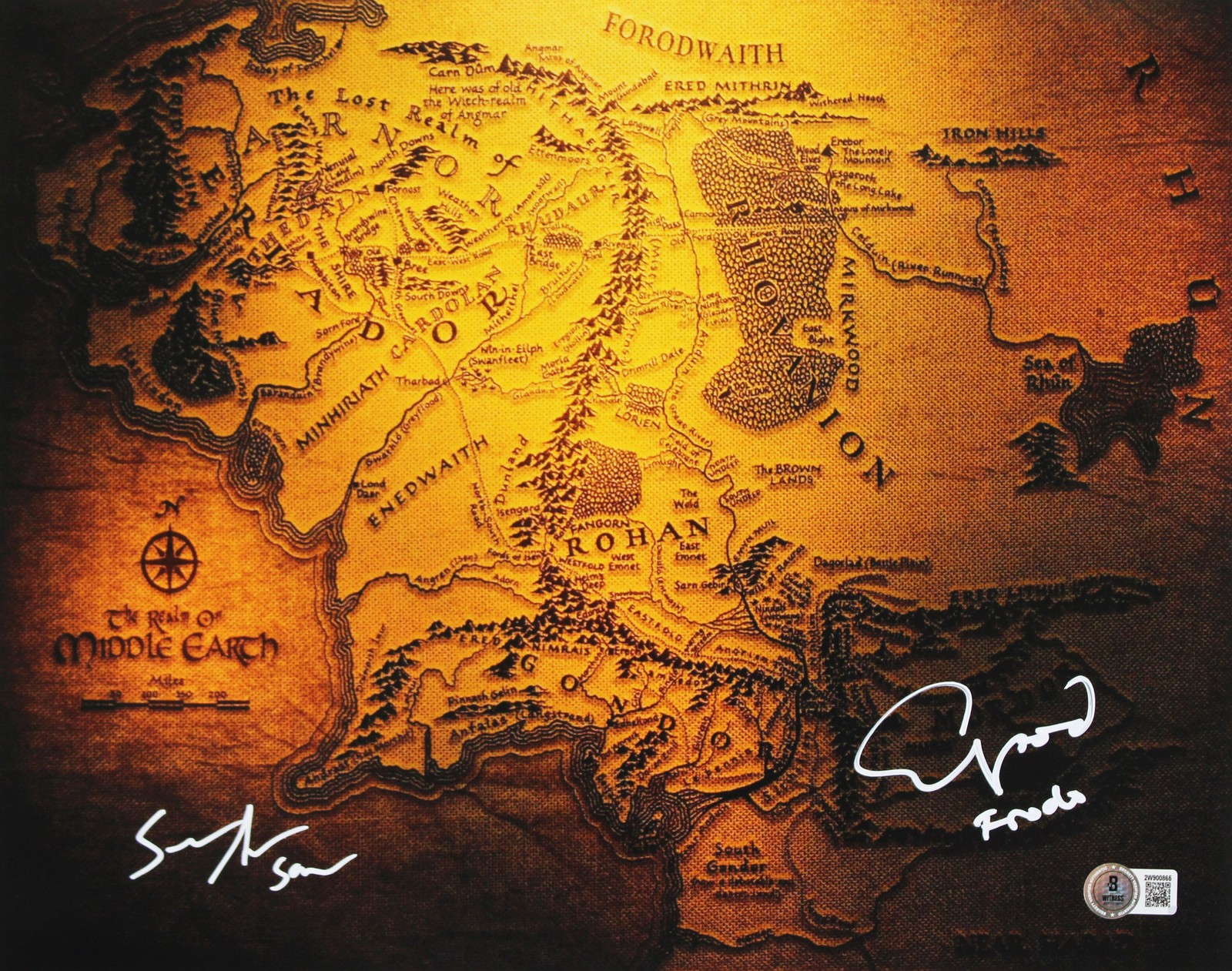 Elijah Wood & Sean Astin LOTR Signed 11×14 Middle Earth Map Photo BAS Witness 2
