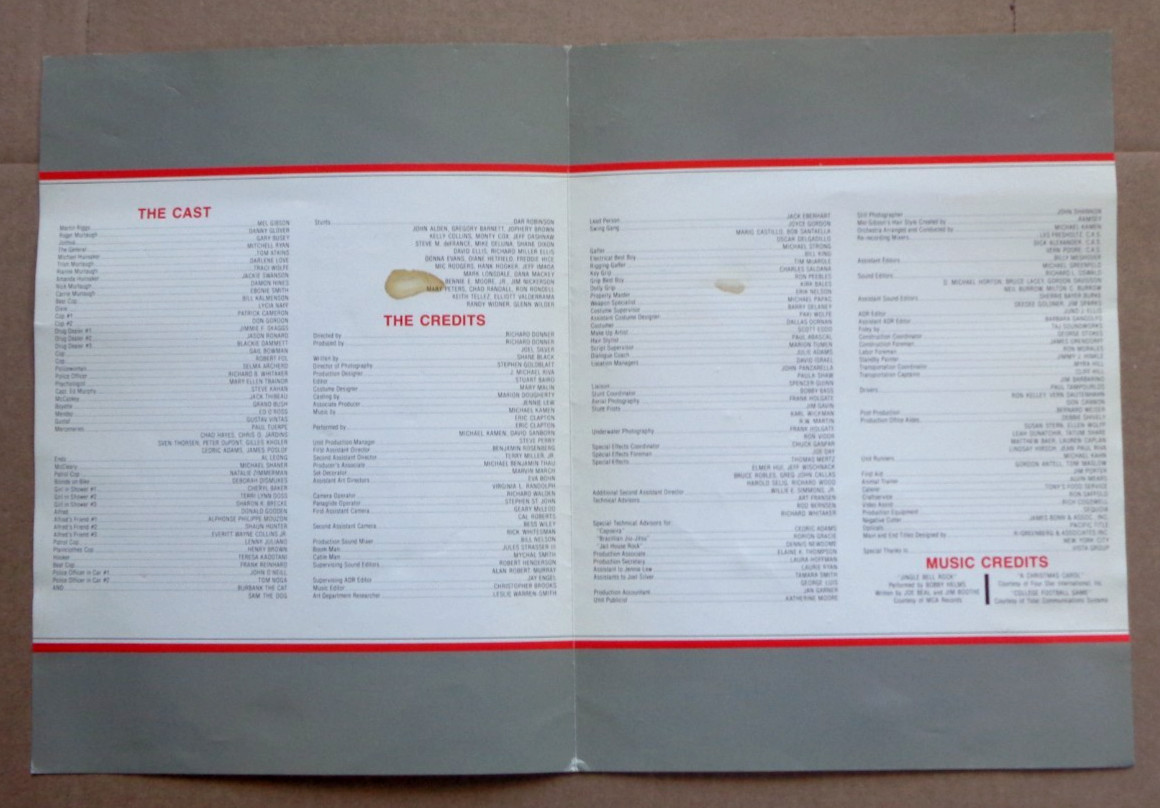 Lethal Weapon (1987) Premiere Program Credit Sheet Mel Gibson Danny Glover