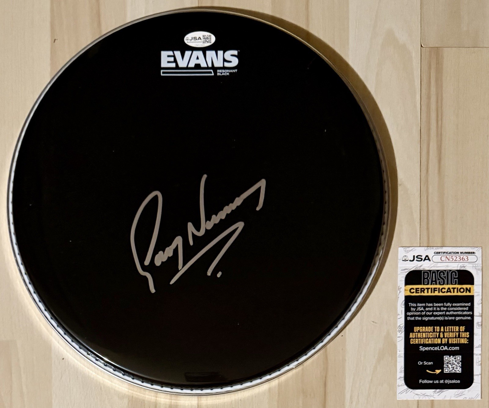 GARY NUMAN SIGNED EVANS DRUMHEAD BLACK/CHROME SILVER “CARS” & “M.E.” JSA COA
