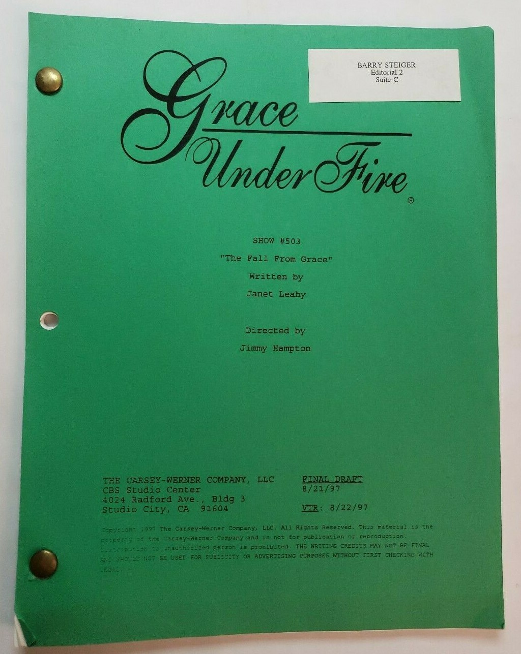 GRACE UNDER FIRE / Janet Leahy 1997 TV Script, Brett Butler “Fall from Grace”