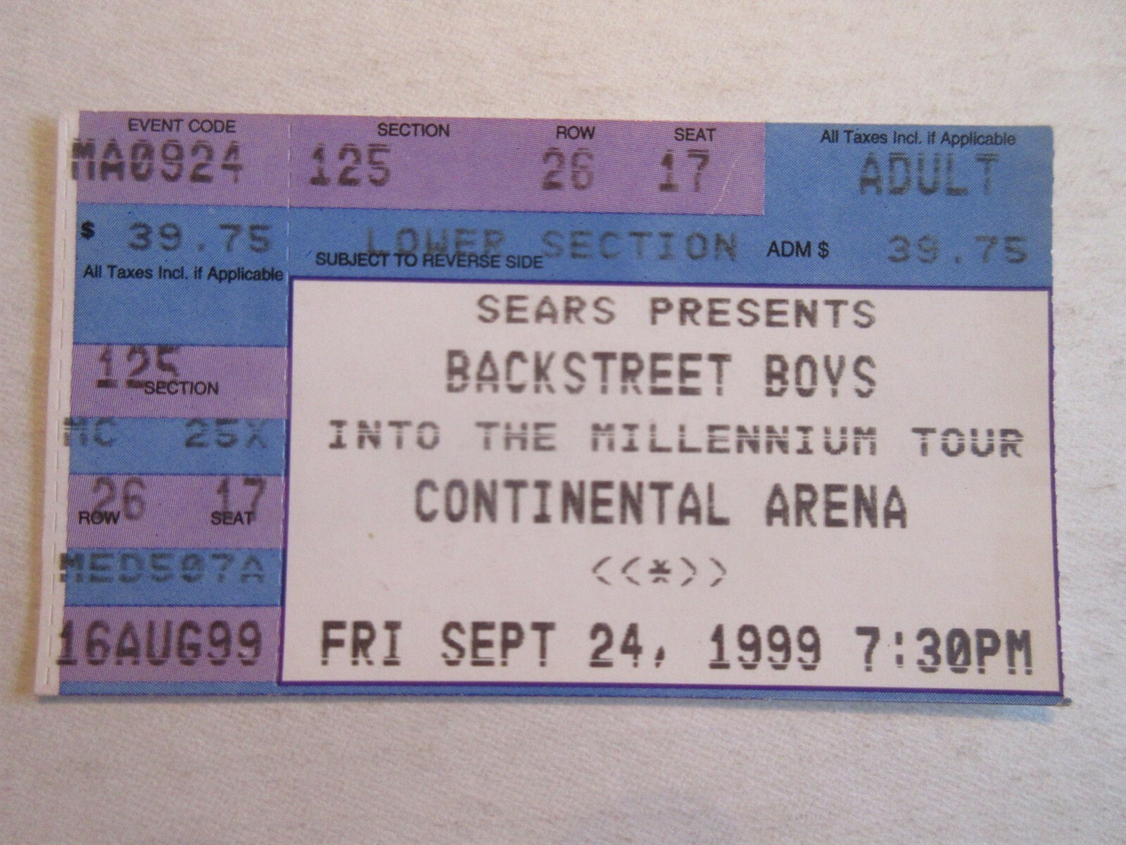 1999 Backstreet Boys Ticket Stub Into the Millennium Tour Continental Arena NJ