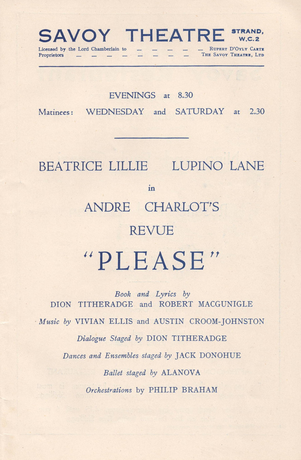 Andre Charlot’s Revue “PLEASE” Beatrice Lillie / Lupino Lane 1933 London Program
