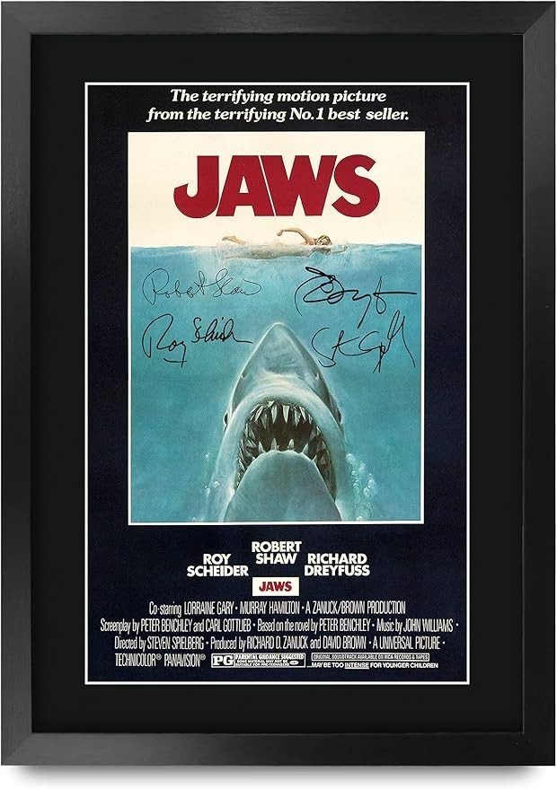 Sleek Framed JAWS Movie Poster and Cast Autograph Display – Collector’s Dream
