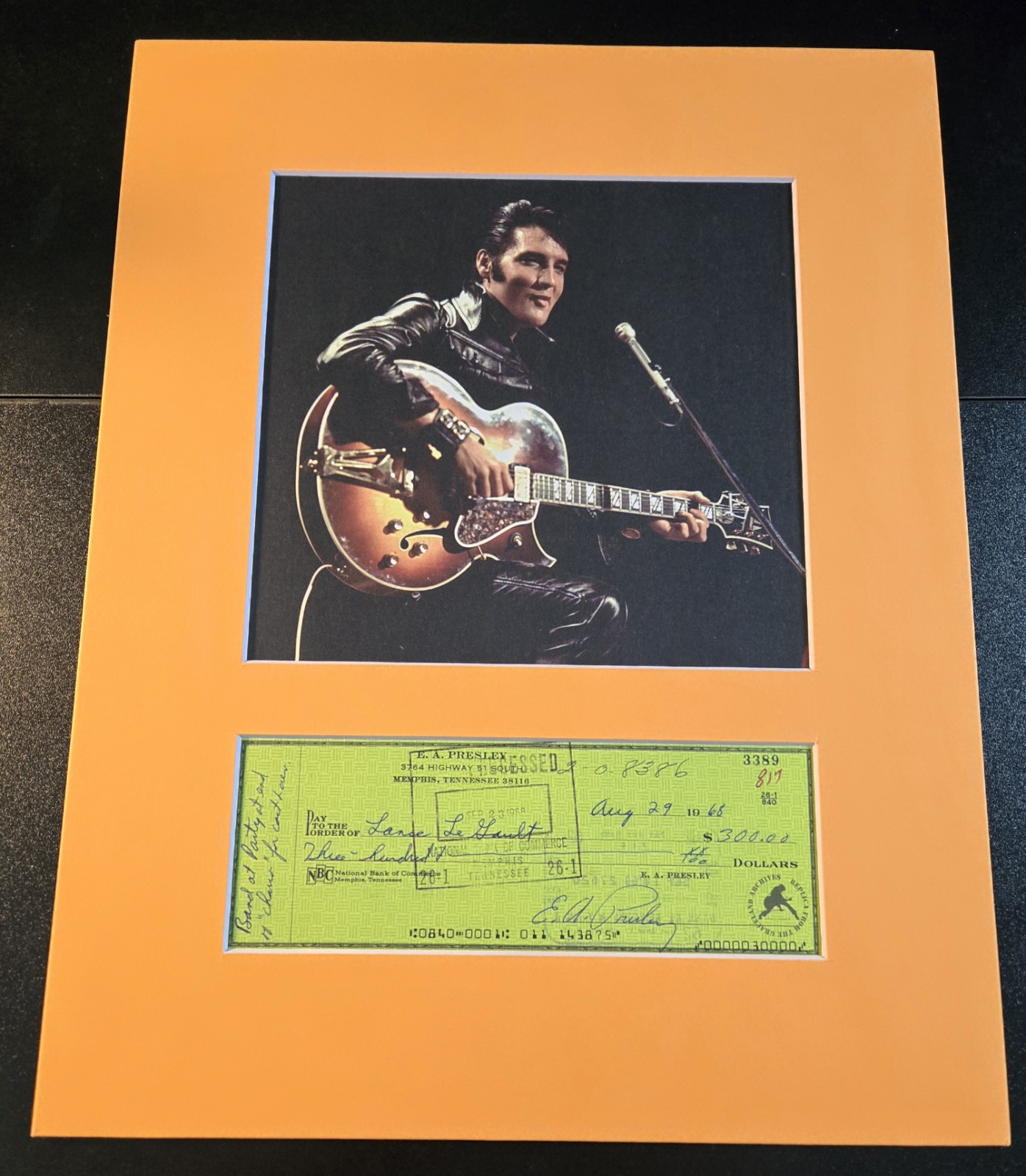 Elvis Presley Signed Check Display – 1968 to Lance LeGault – Graceland Archives