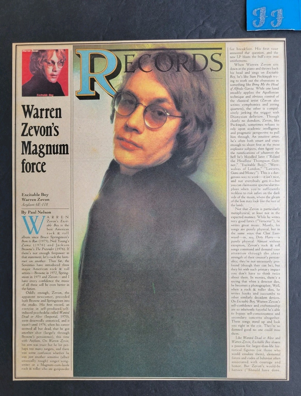 Warren Zevon Excitable Boy Album Review Magazine Clipping 1978