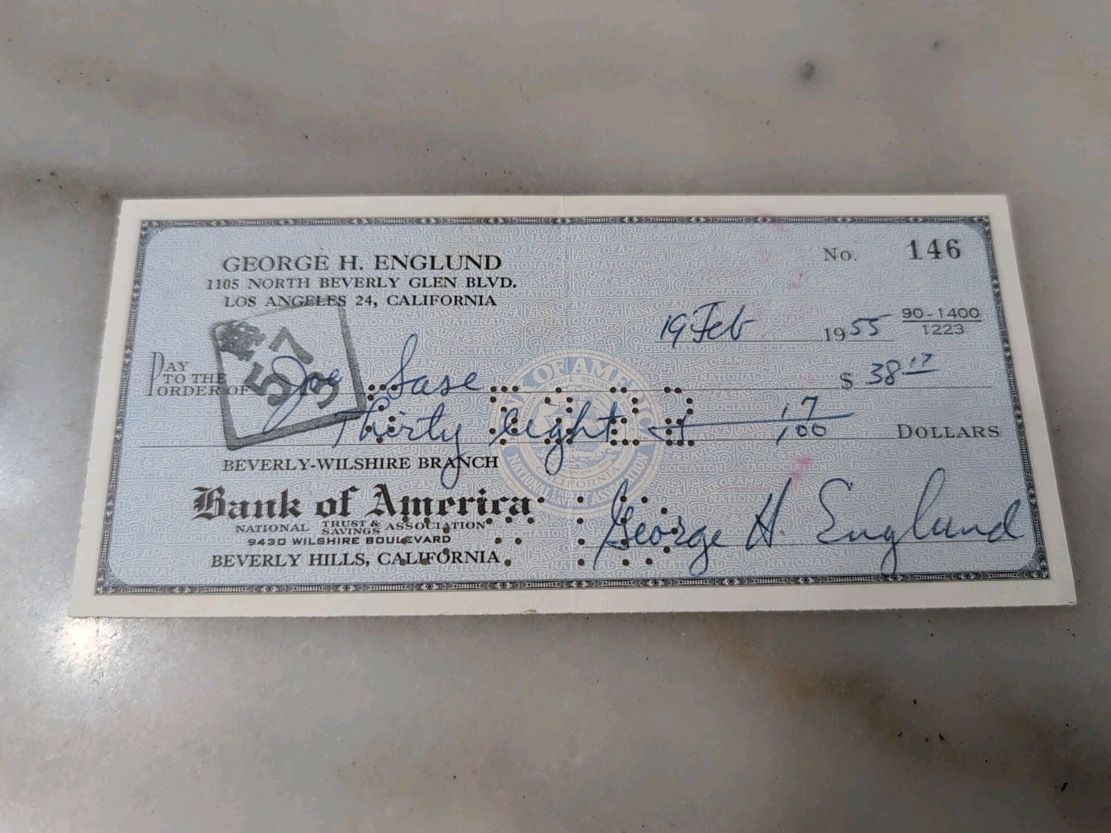 George H. Englund Signed Cancelled Check /Film Editor, Director, Producer, Actor