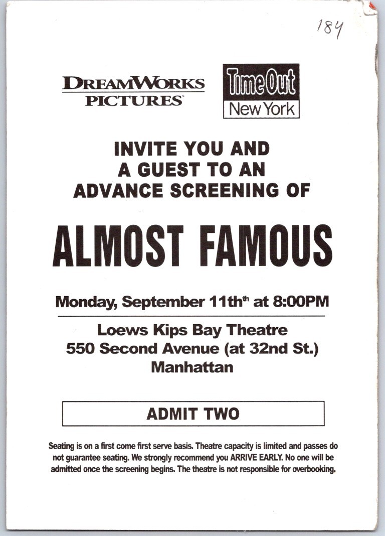 2000 Almost Famous Pre-Release Screening Ticket Frances McDormand Kate Hudson #2