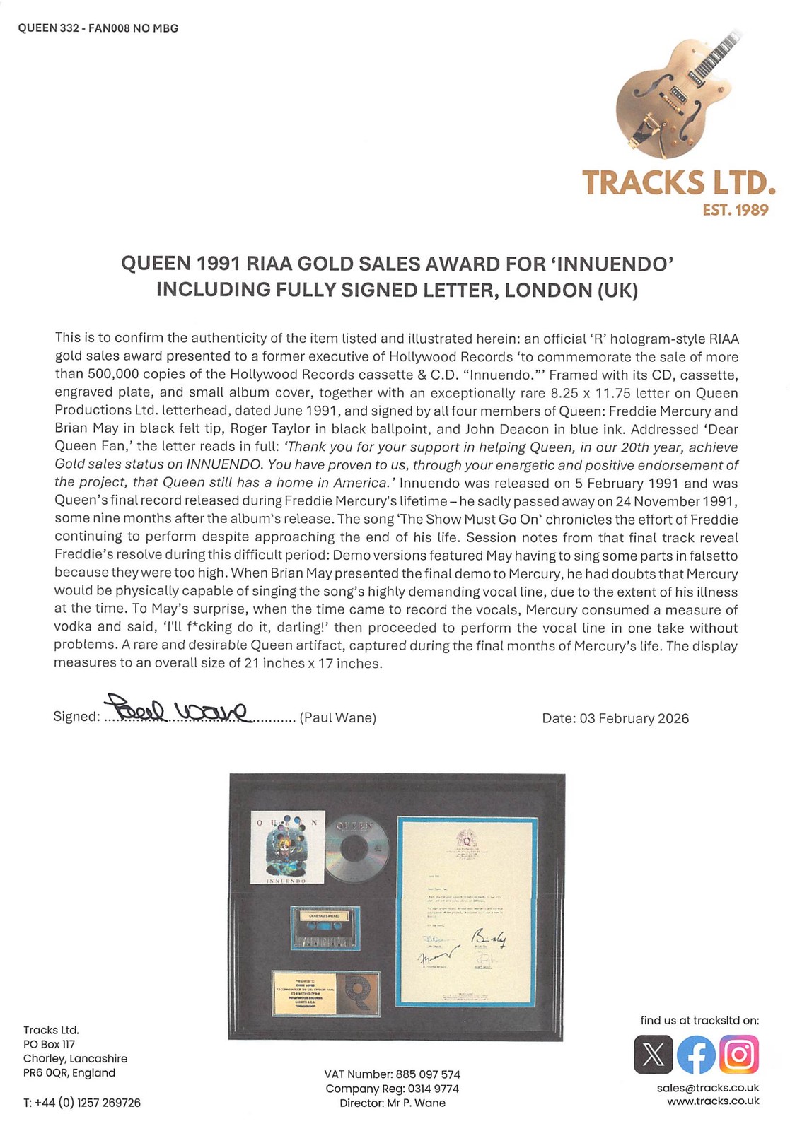 Queen (4) Mercury, Deacon, May & Taylor Signed & Framed Letter BAS #AE93762