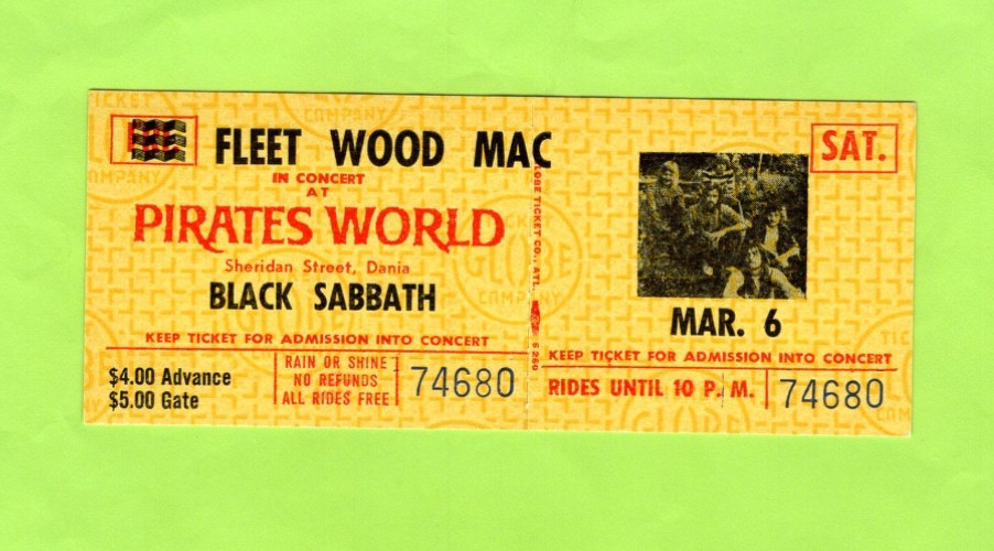 1971 Black Sabbath, Fleetwood Mac Unused Concert Ticket, Dania, FL, Paranoid