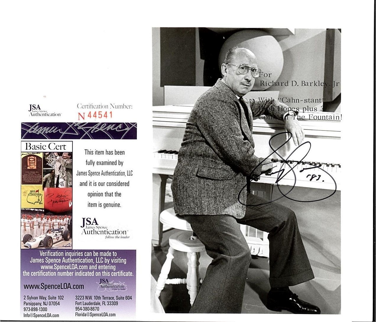 SAMMY CAHN SIGNED JSA SONGWRITER FOR SINATRA 5X7 AUTHENTICATED #N44541
