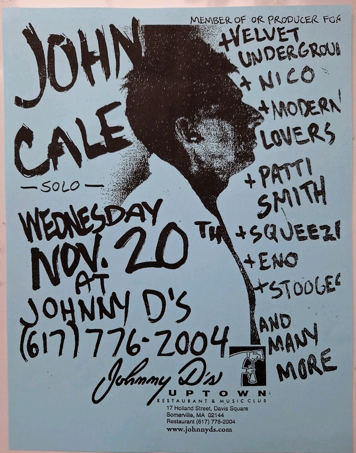 John Cale – Johnny D’s Somerville MA Flier Dec 14 2000 Velvet Underground Nico