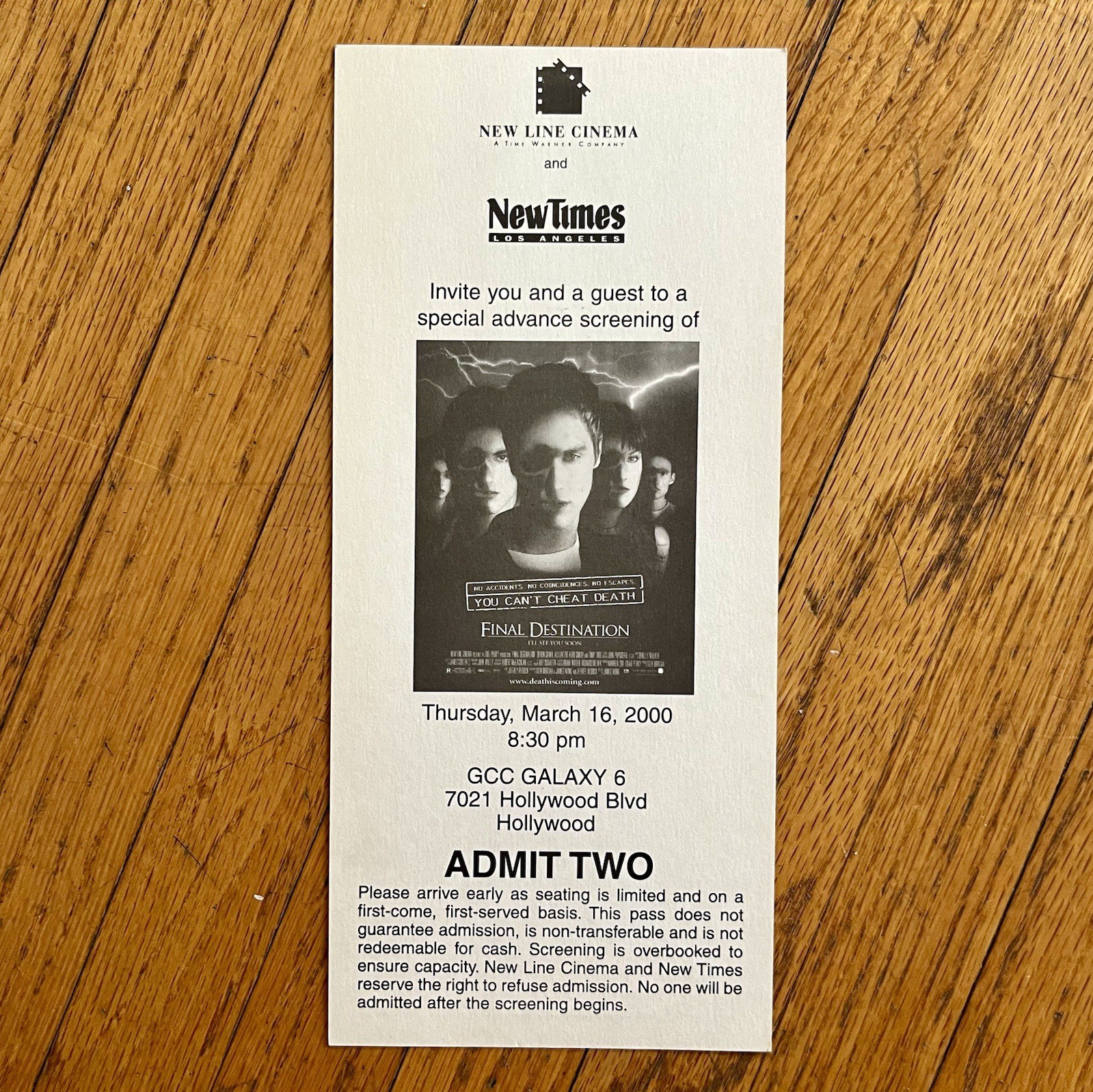 Final Destination 2000 Screening Invite Ticket Horror Movie Theater Ephemera