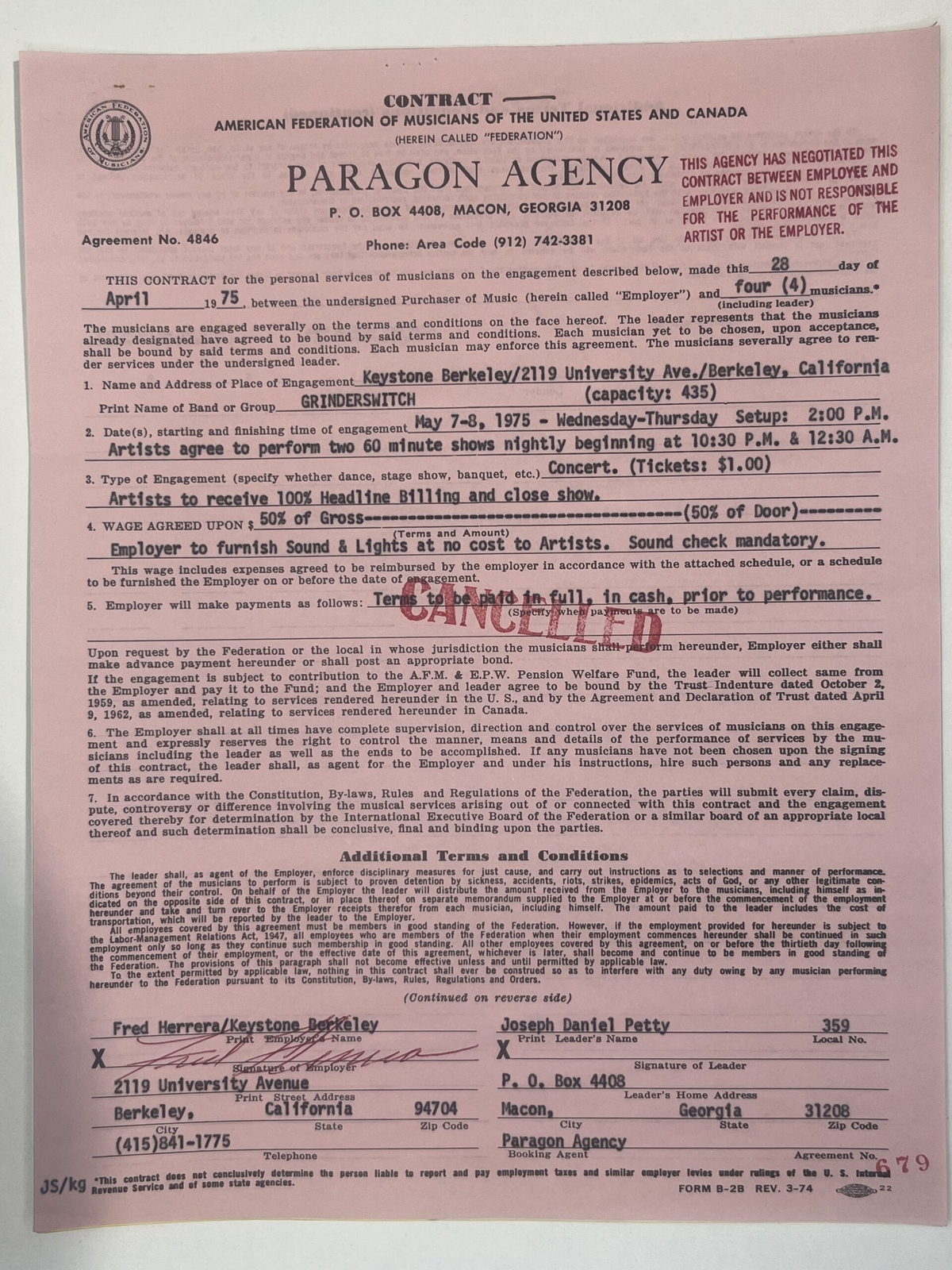 Grinderswitch Cancelled Concert Contract 1975 Denver CO