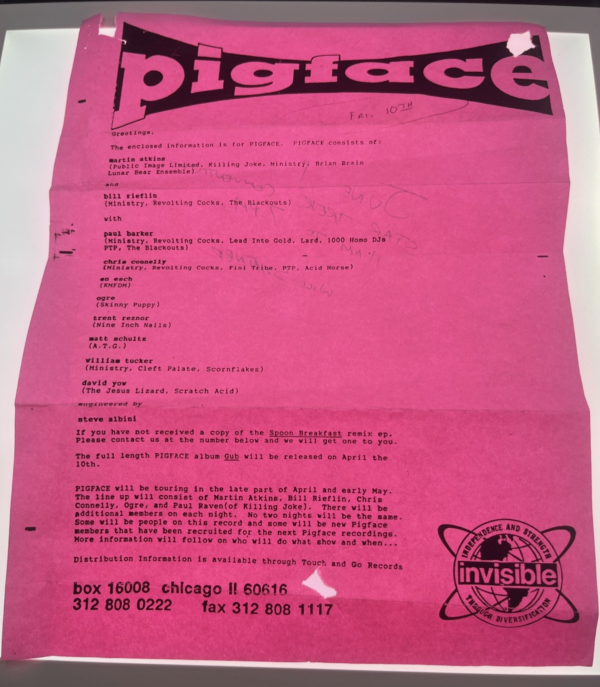 PIGFACE BAND Distribution TOUCH and GO Records Radio Station Album Promo 1990s