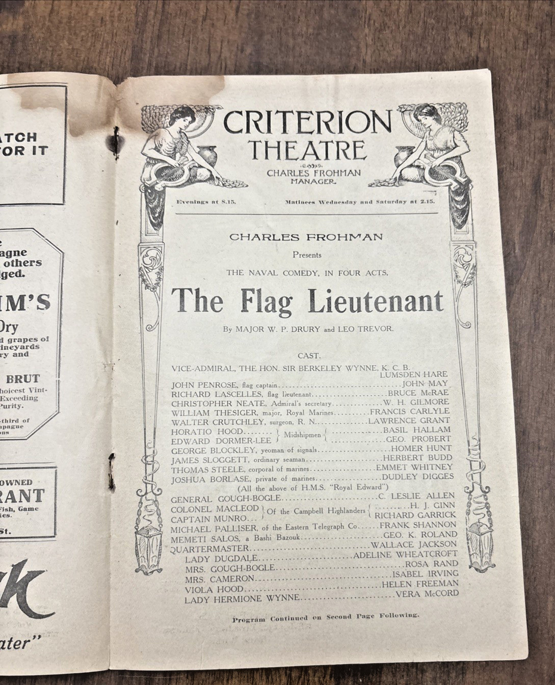 1909 CRITERION THEATRE Program The Flag Lieutenant 24 Pages Theater