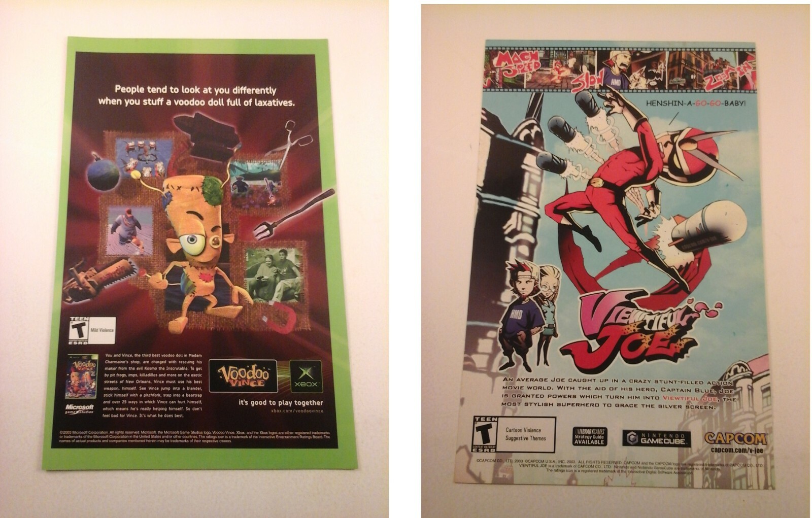 2003 Video Game Print Ad – VOODOO VINCE – XBOX & VIEWTIFUL JOE GAMECUBE dbl side