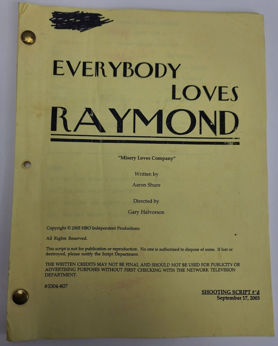 EVERYBODY LOVES RAYMOND / Aaron Shure 2003 Script, “Misery Loves Company”