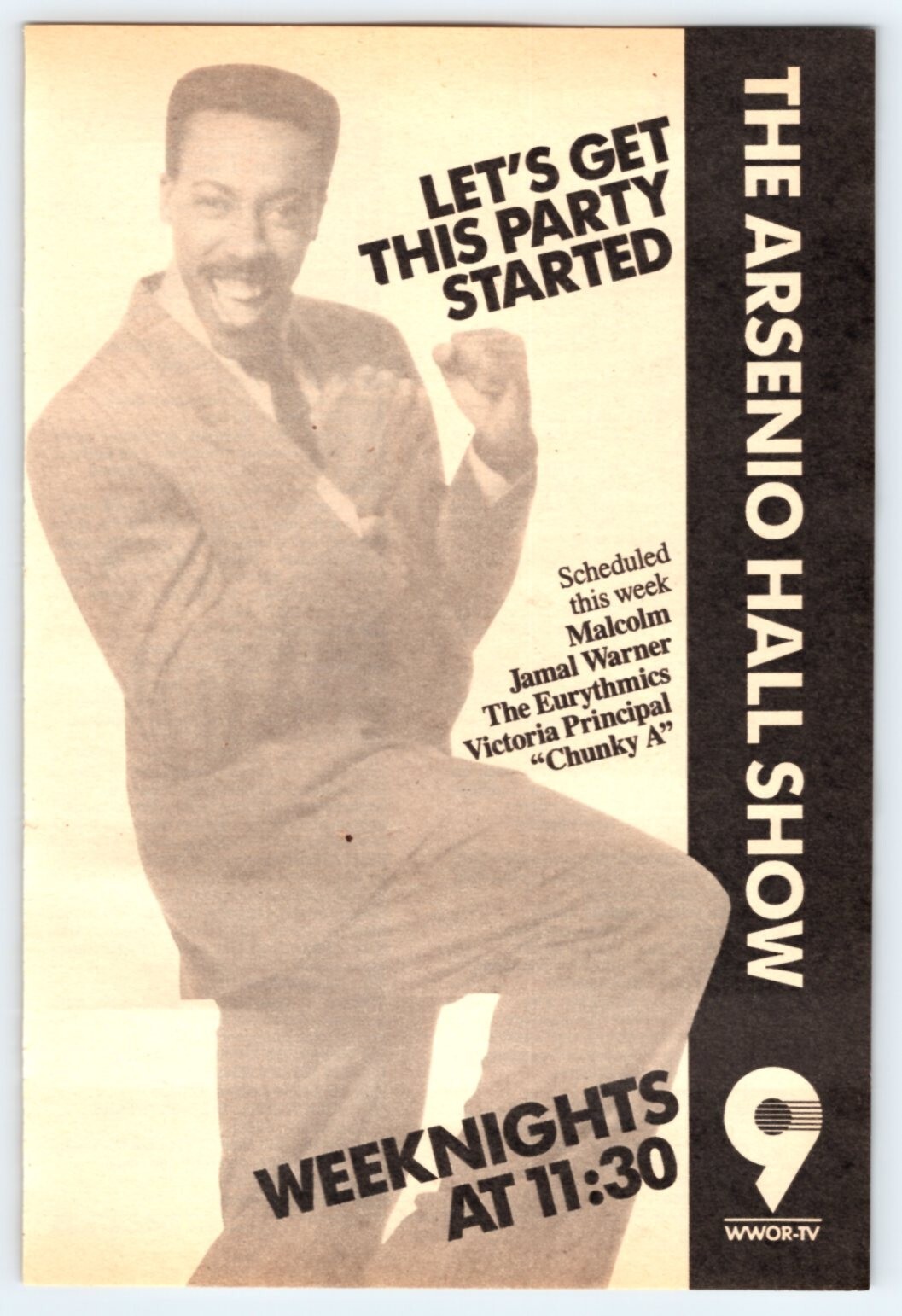 1989 THE ARSENIO HALL SHOW 5″X7″ AD WWOR Ch. 9 New York City 1980’s TV2