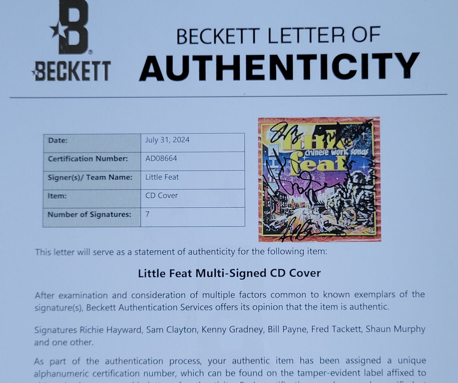 LITTLE FEAT AUTOGRAPHED BECKETT COA LOA BAS CD MUSIC DISPLAY SIGNED MUSIC BAND