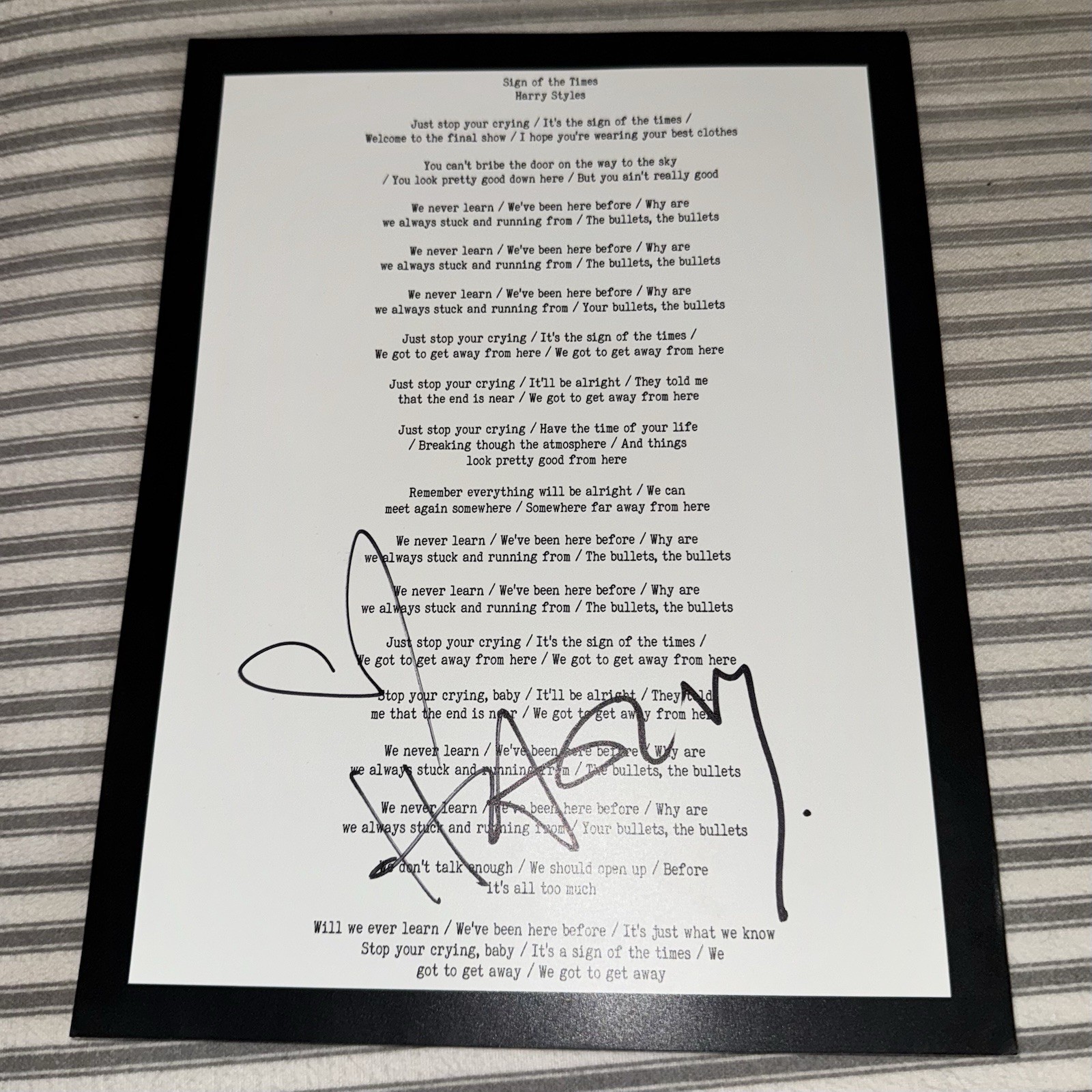 Harry Styles Sign Of The Times Signed Autographed Lyric Sheet