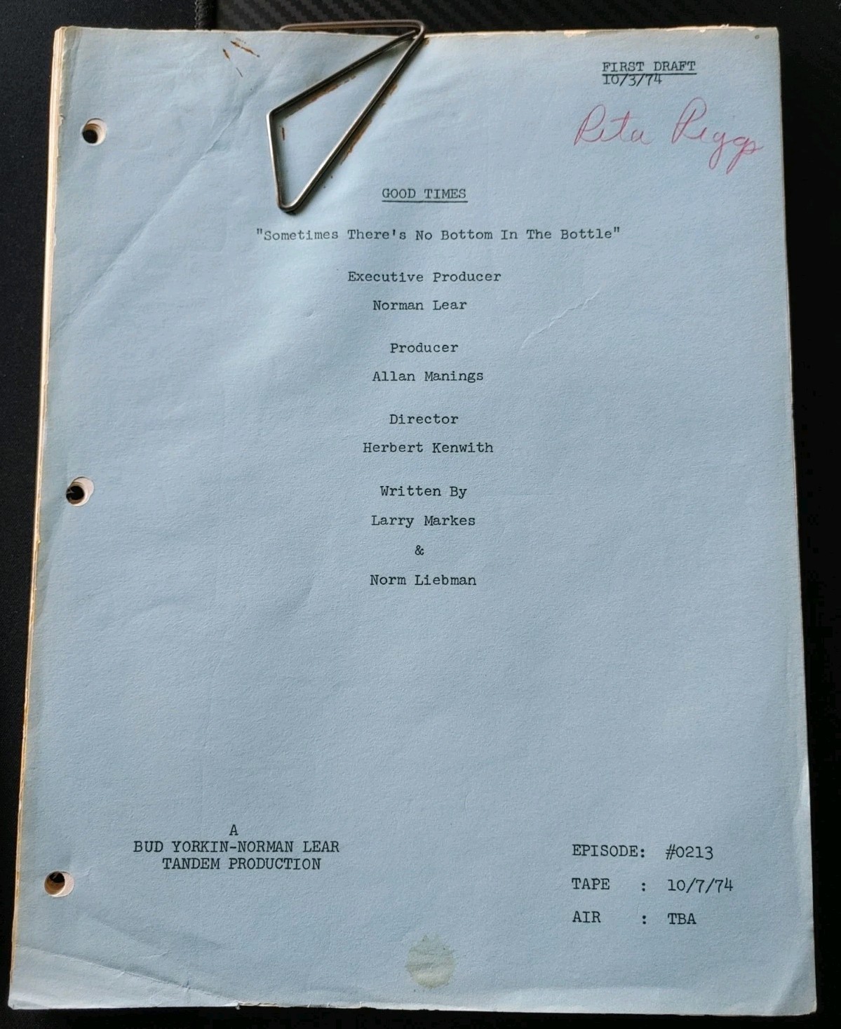 Rare Good Times 1974 TV Show, Original Shooting Script, Rita Riggs