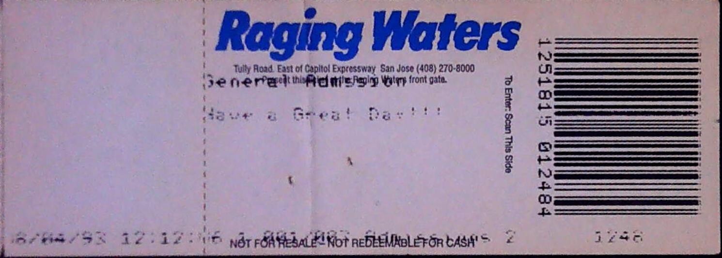 Raging Waters Amusement Park Unused Ticket Stub Waterpark San Jose CA 8/4/1993