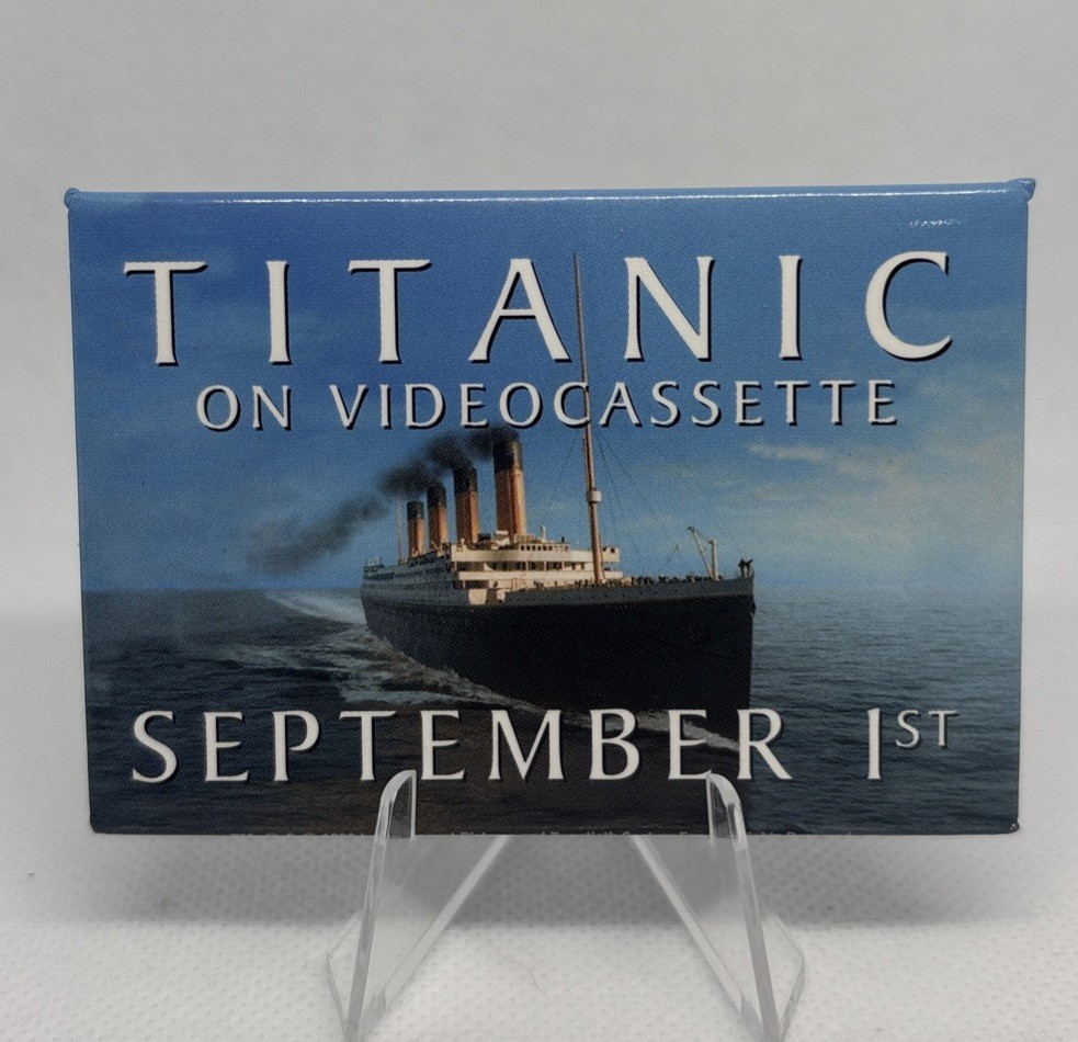 Titanic On Video Cassette Movie Promotional Pin Back Button VHS Promo