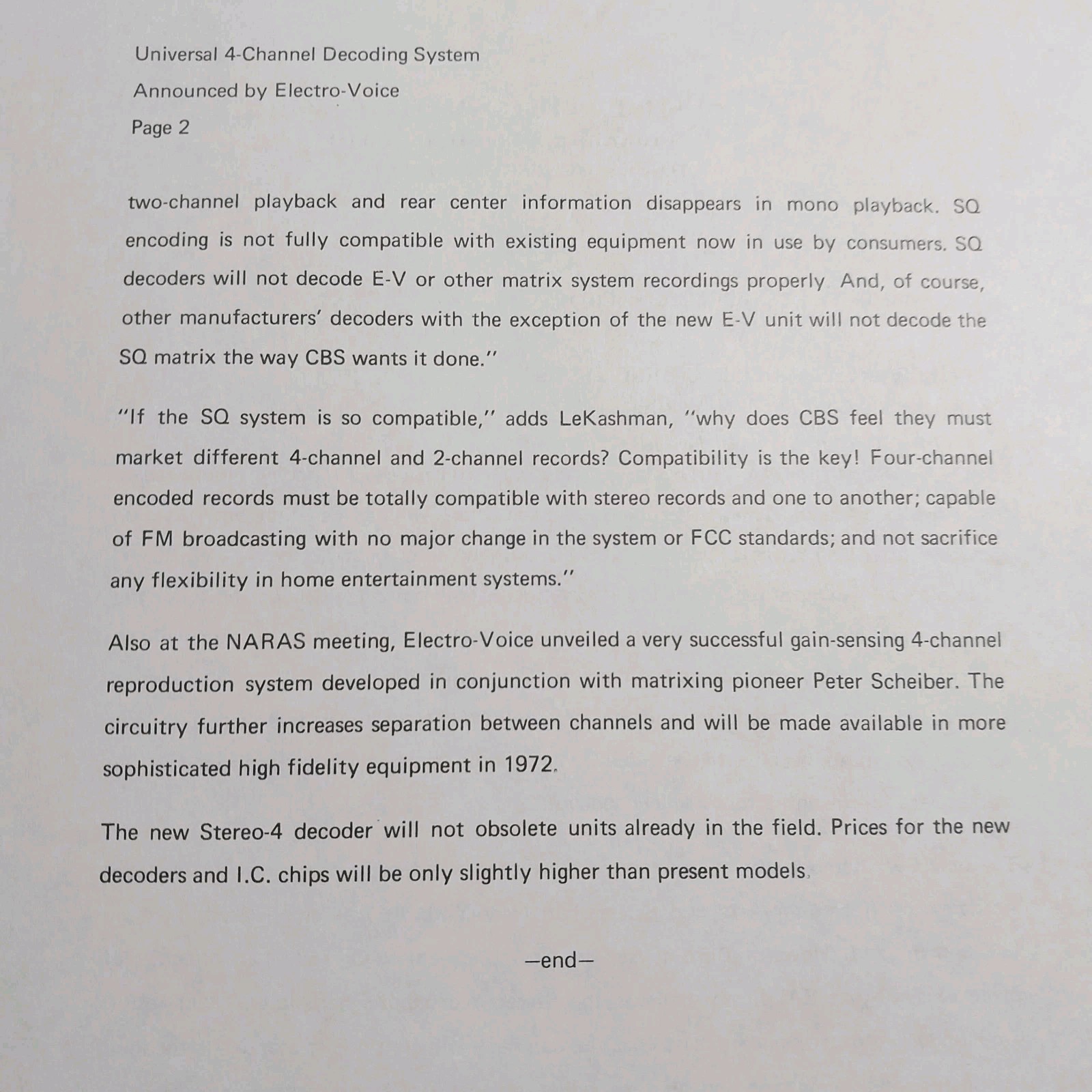 Vintage Original 1971 Electro-Voice E-V Stereo-4 Quadraphonic Press Release
