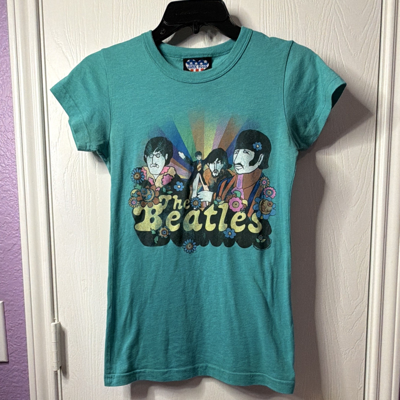 Delia’s 2009 Junk Food The Beatles Teal Green Graphic T-Shirt Size S Music Tee