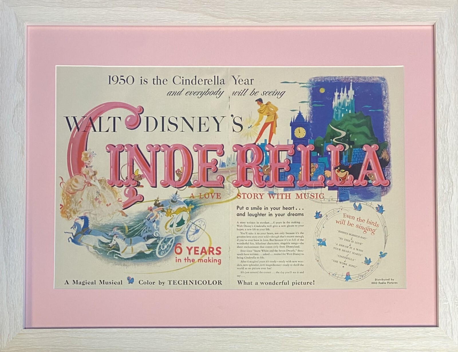 Vintage 1950 Cinderella Movie Framed Full Page Magazine Ad 18 x24