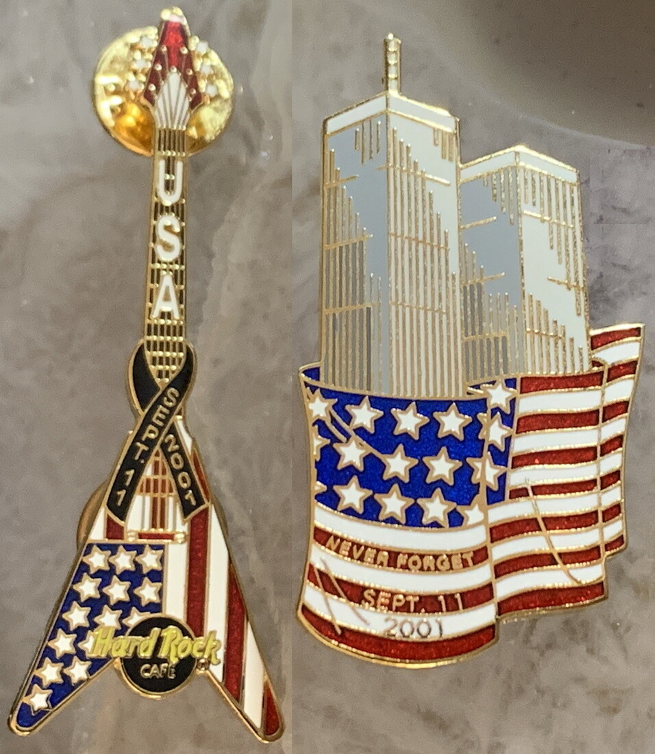 Hard Rock Cafe 9/11 God Bless America GUITAR PIN + 911 Bonus Twin Towers PIN
