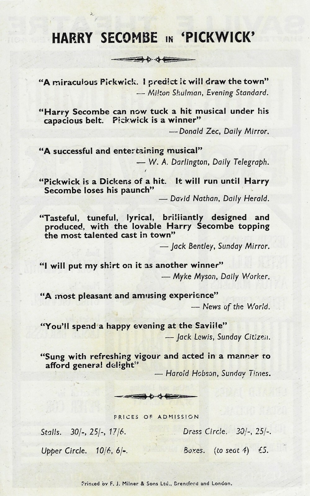 Harry Secombe “PICKWICK” Leslie Bricusse / Anton Rodgers 1963 London Cast Flyer