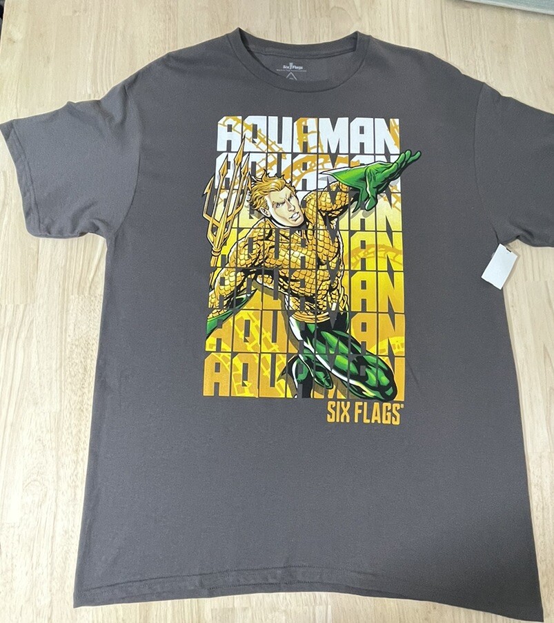 LARGE Six Flags Amusement Park AQUA-MAN collectable SUPERHERO Logo T-Shirt NWT