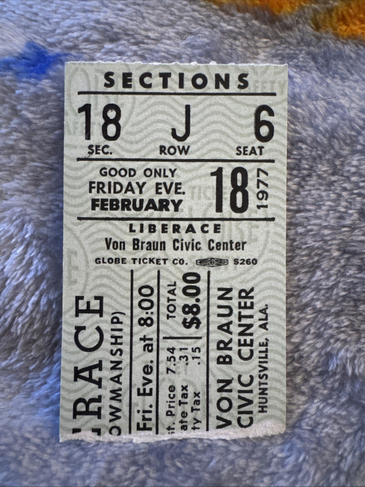 LIBERACE – FEB 18, 1977 – Von Braun Civic Center Huntsville, Alabama – TICKET