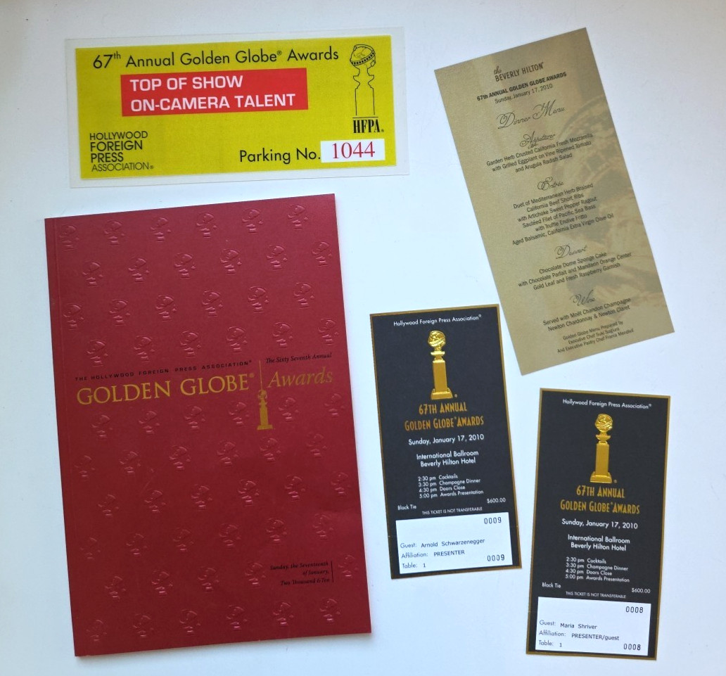 Arnold Schwarzenegger Maria Shriver 2010 Golden Globes Program Tickets VIP Pass