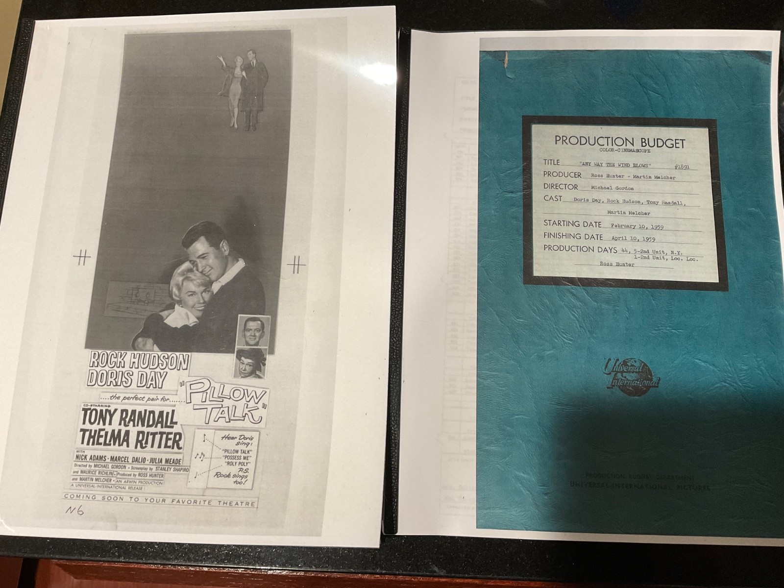 Classic script PILLOW TALK + film budget book – 1959 – Doris Day – Rock Hudson