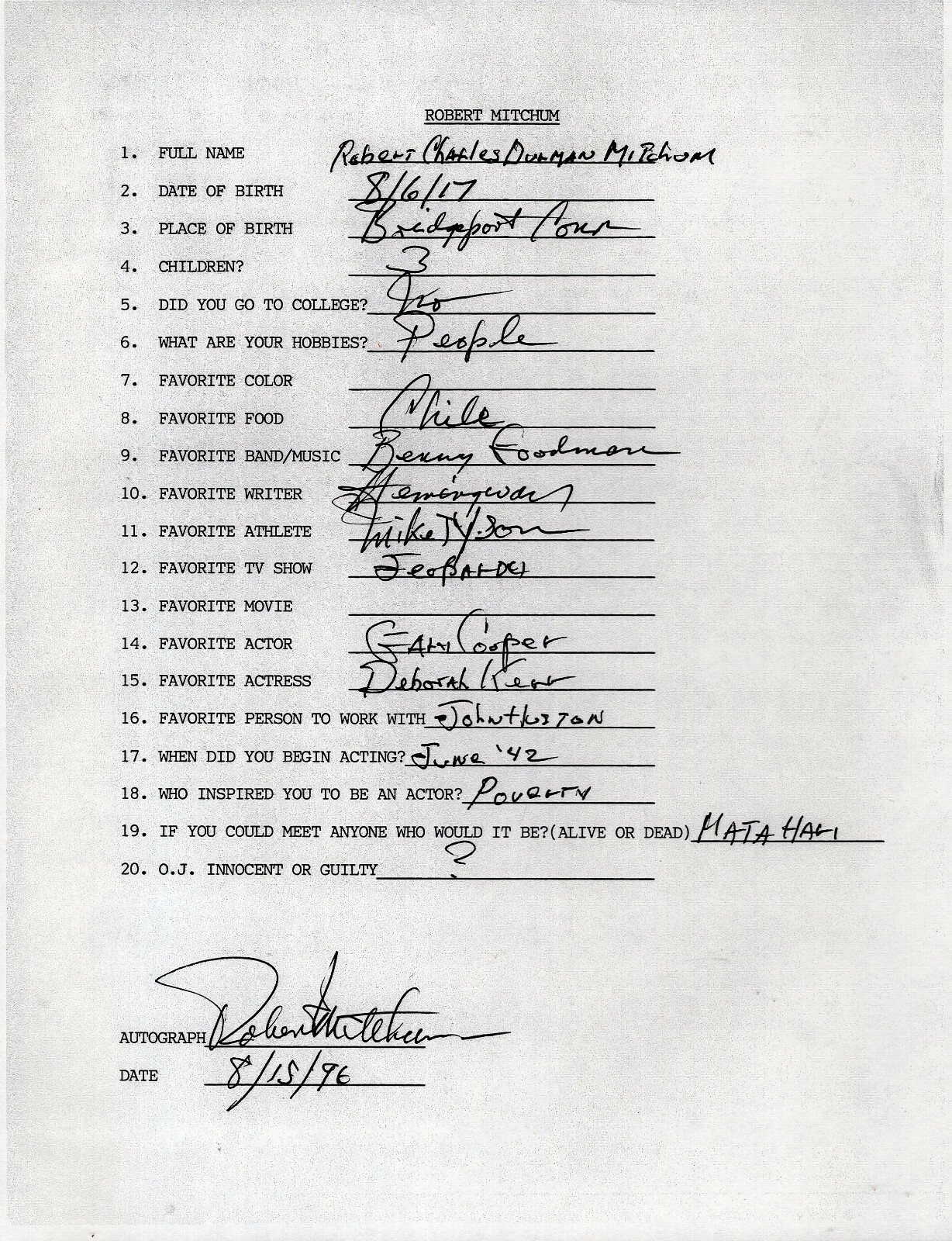 ROBERT MITCHUM SIGNED+FILLED OUT 20 QUESTIONS COPY OF THE ORIGINAL