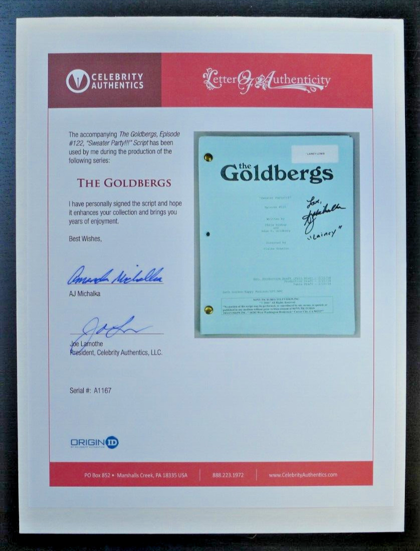 AJ MICHALKA/LAINEY LEWIS AUTOGRAPHED THE GOLDBERGS PERSONAL SCRIPT CELE.AUTH COA