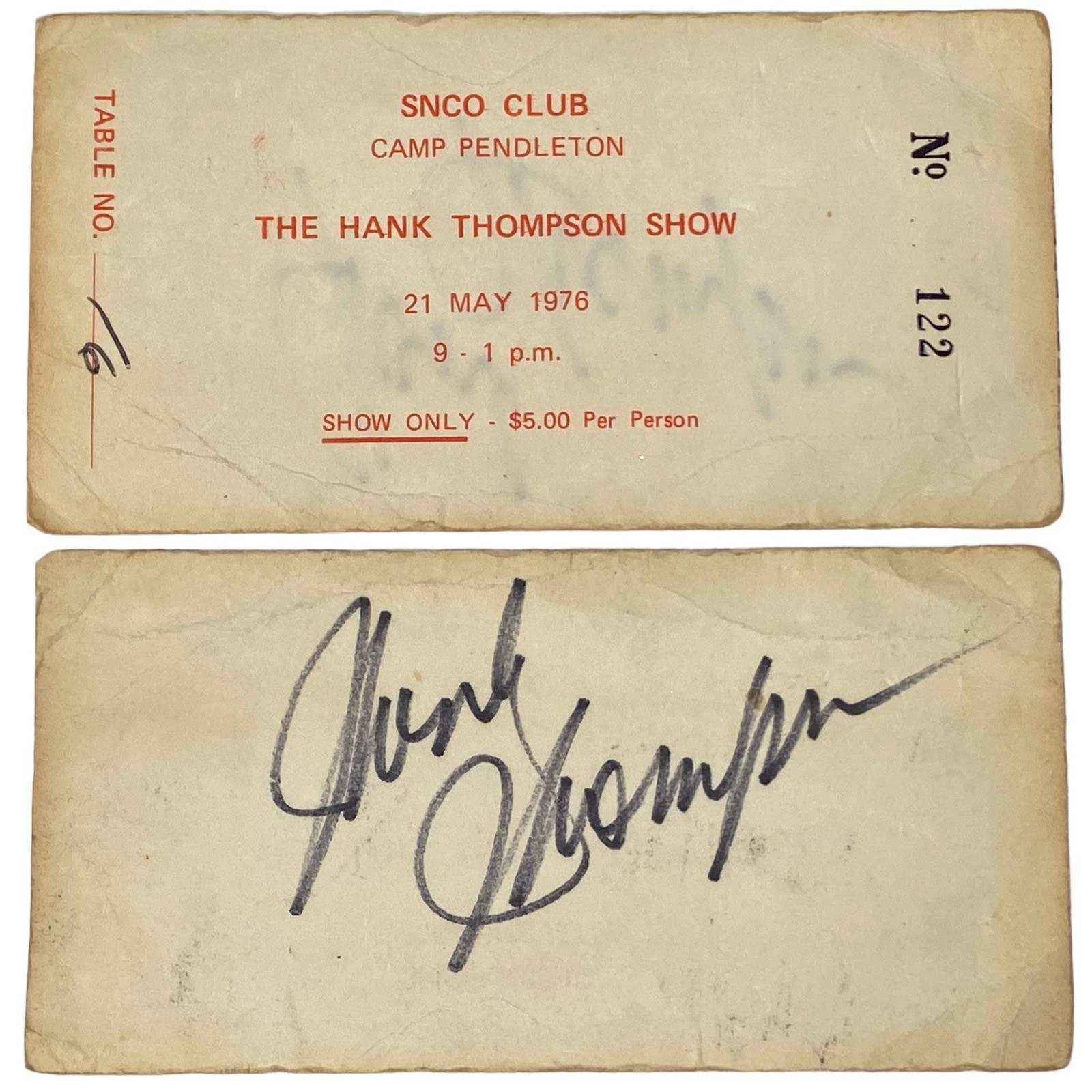 1976 The Hank Thompson Show at Camp Pedleton Show Ticket – Autographed
